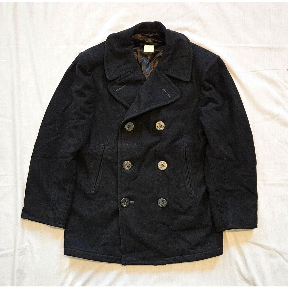 Vintage 1980s US Navy Wool Peacoat Jacket 38S Military Anchor Buttons Black